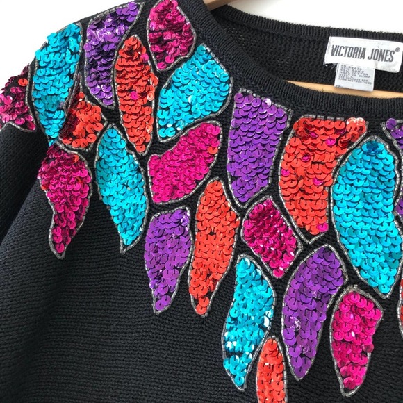 Vintage Rainbow Sequin Sweater Black Knit Bejeweled Feather Print Women's Large - Picture 3 of 6